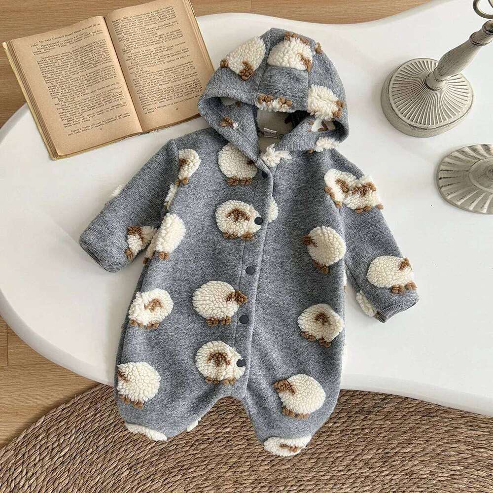 Plush Fashion Lamb Embroidered Jumpsuit Winter New Girls Boys Baby Long Sleeved Crawling Suit Thickened 26Y0224