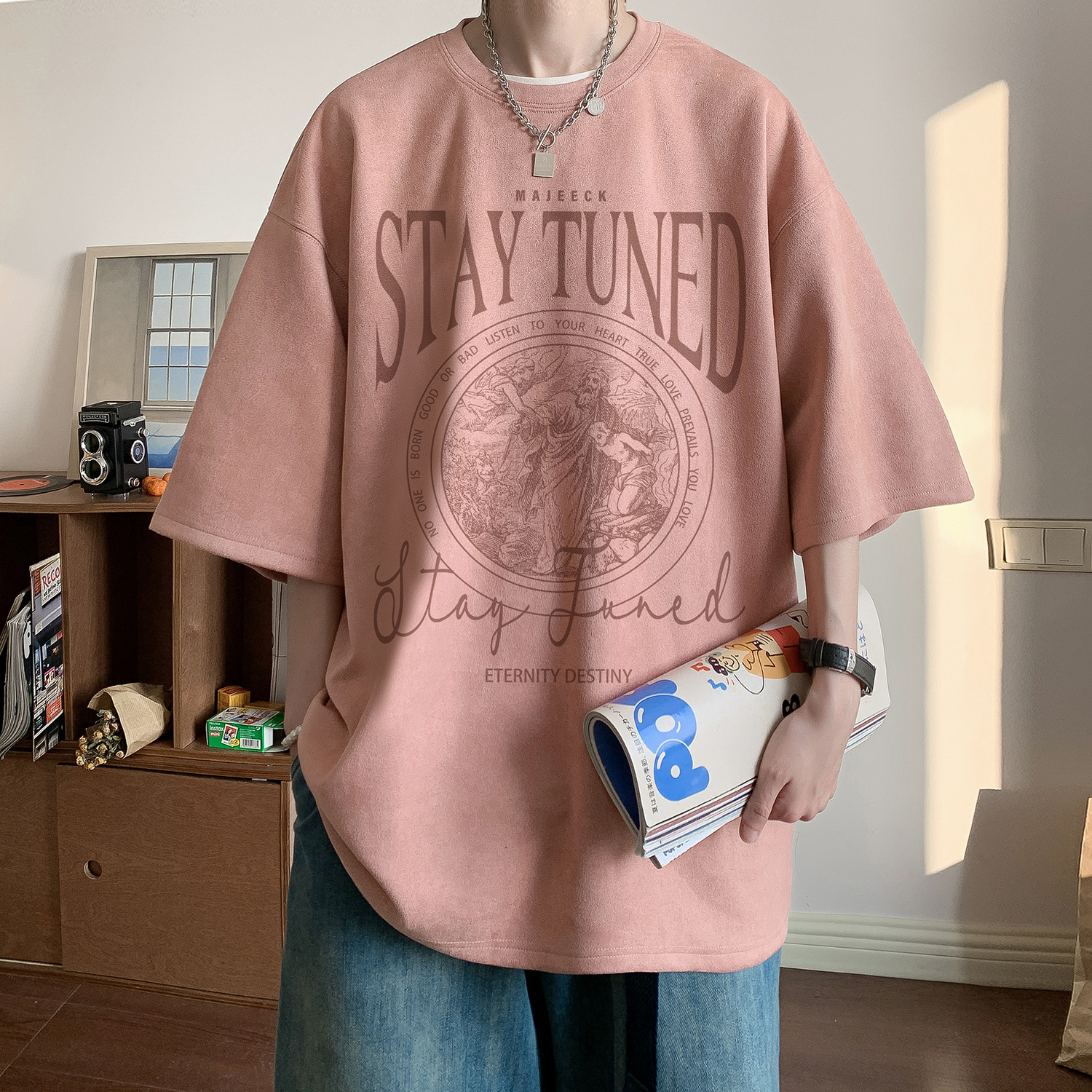 Men's Heavyweight Suede Short Sleeve T-Shirt Summer American Style Trendy Tops For Teen Boys