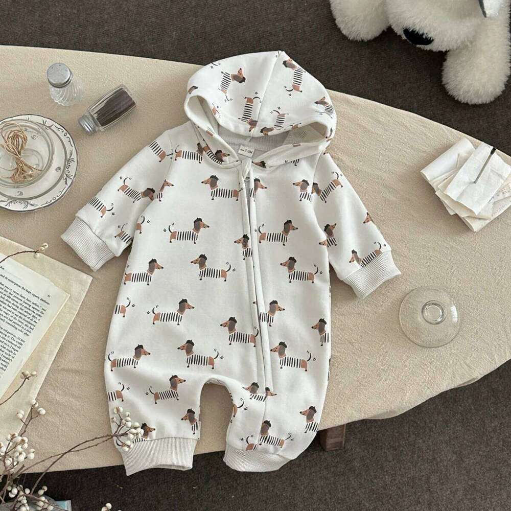 Autumn New Cute and Comfortable Baby Sausage Dog Print Hooded Pants Crawling Unisex Boys Girls Clothes Newborn Items 26Y0224