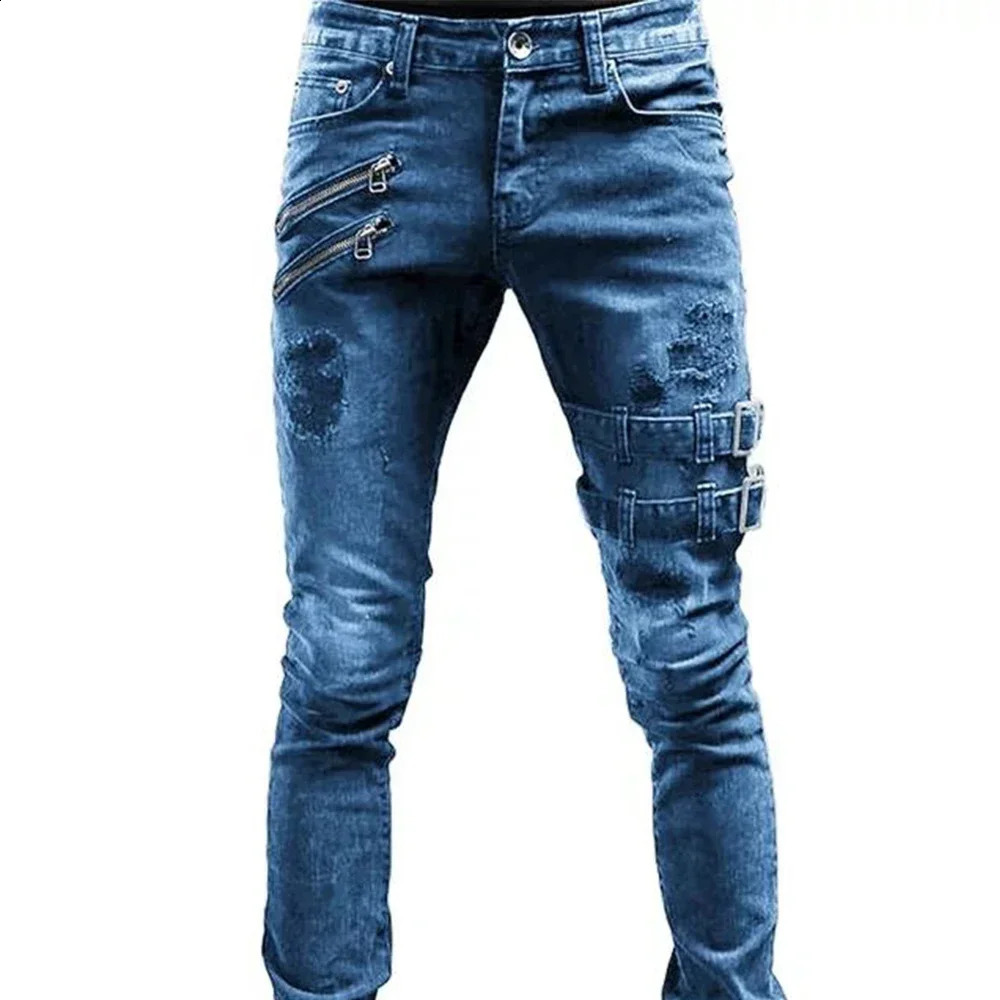 Zipper Decoration Slim Fit Biker Jeans Men Cotton Stretchy Ripped Skinny High Quality Hip Hop Black Oversize Denim Pants 260207