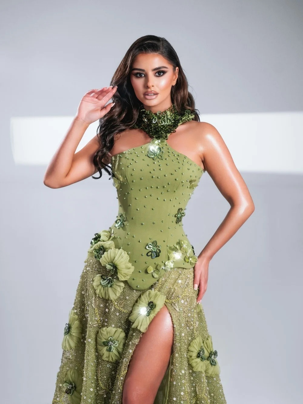 Stylish Halter Evening Dresses Pearls 3D Flowers Prom Dress Sequins A Line Side Split Princess Customized Party Gowns Vestidos De Noche Plus Size