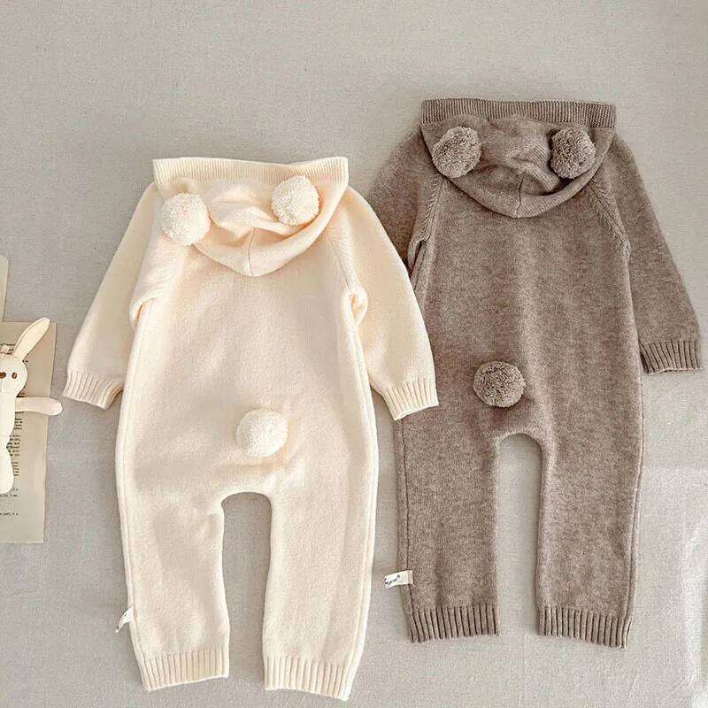 Autumn Winter Toddler Boys Girl Romper Korean Style Long Sleeved Solid Color Hooded Infant Baby Knitted Jumpsuit 26H0224