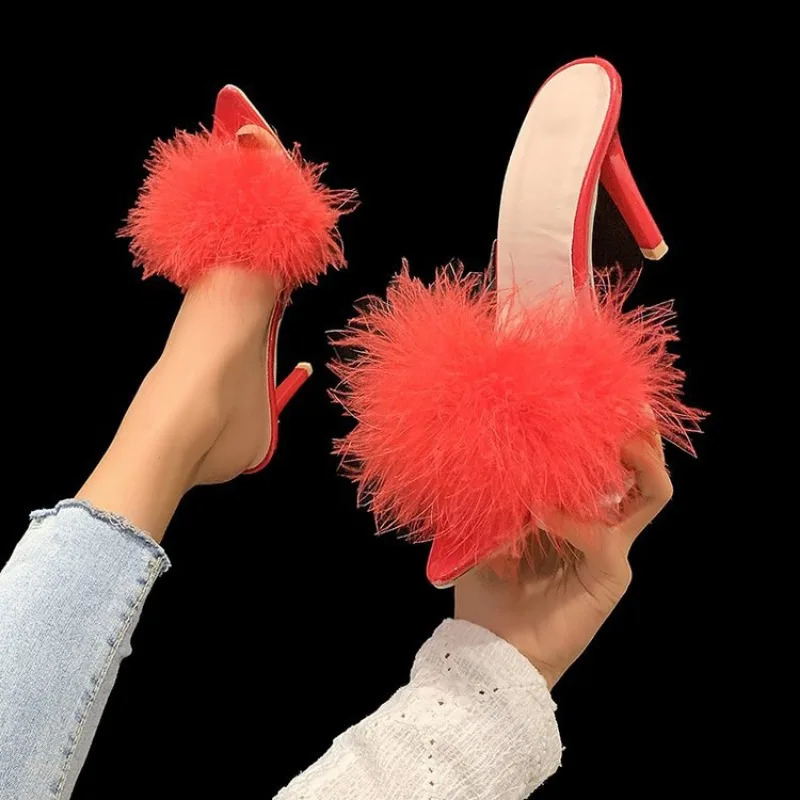 Summer High Heels Sexy Slippers with Fine Heel n and Hairy Decoration Cool Slippers with Daily Pointed Points 260124