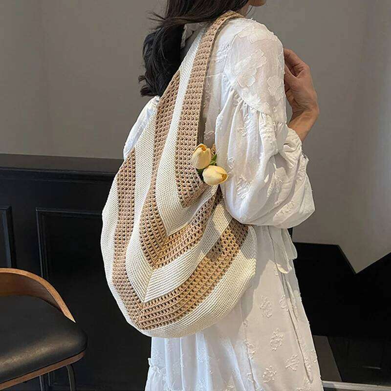 High Quality Large Capacity Color Matching Knitting Shoulder Hollow Out Fresh Exquisite Tote Bags for Women 2026 Casual New Z260224