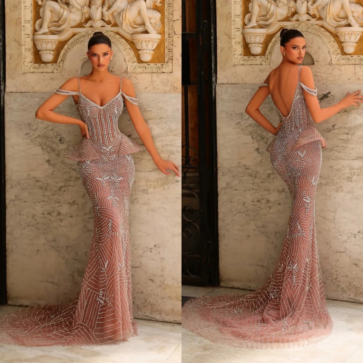Glitter Spaghetti Straps Evening Dresses Customized Sexy Sequined Beaded Lace Prom Dress Sweep Train Party Gown