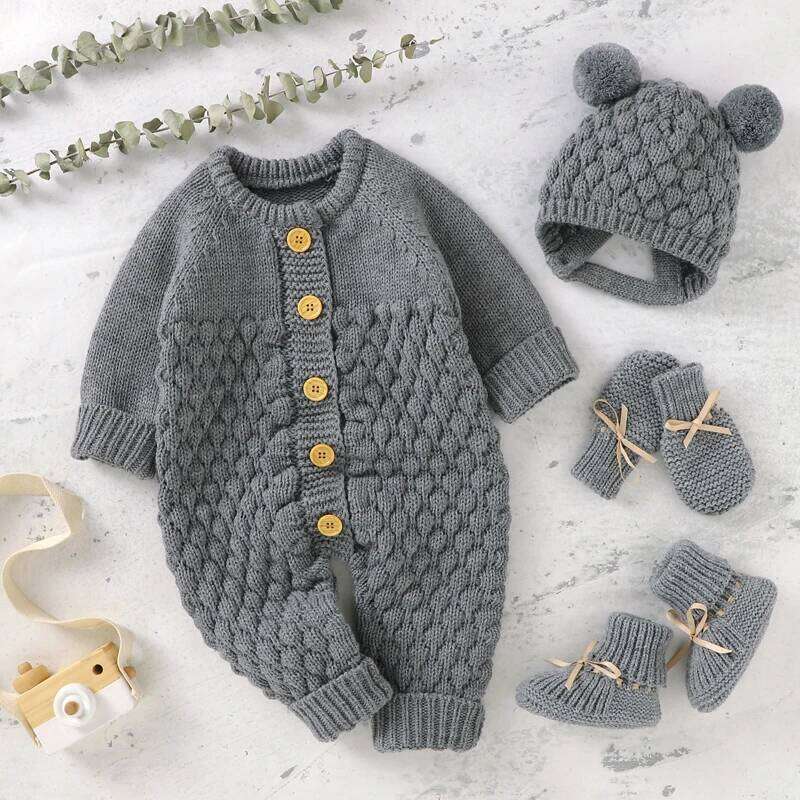 Winter Newborn Baby Rompers Long Sleeve Knit Infant Boys Girls Solid Jumpsuits Playsuits Hats Outfits Sets Toddler Clothes 0-18m 26H0224