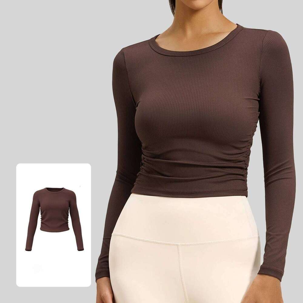 Women Pleated Gym Sports Shirts Breathable Slim Long Sleeve Yoga Wear Pilates Shirt High Elastic Workout Fitness Top 26Y0224