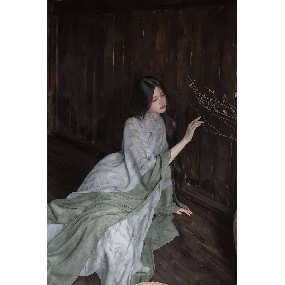 Mardi Hefxessdr Homemade Women s Clothing Cool Chinese Style Cheongsam Sleeves Loose nd Elegant Cold Green Literary Robe Dress