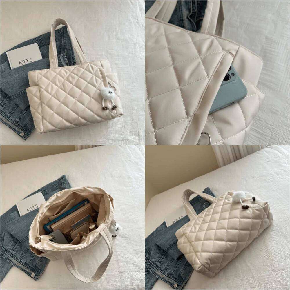 Fashionable Quilted Tote with Cute Plush Decoration, Autumn Leisure Large Capacity Handbag Daily Commuting Shoulder Bag Z260224