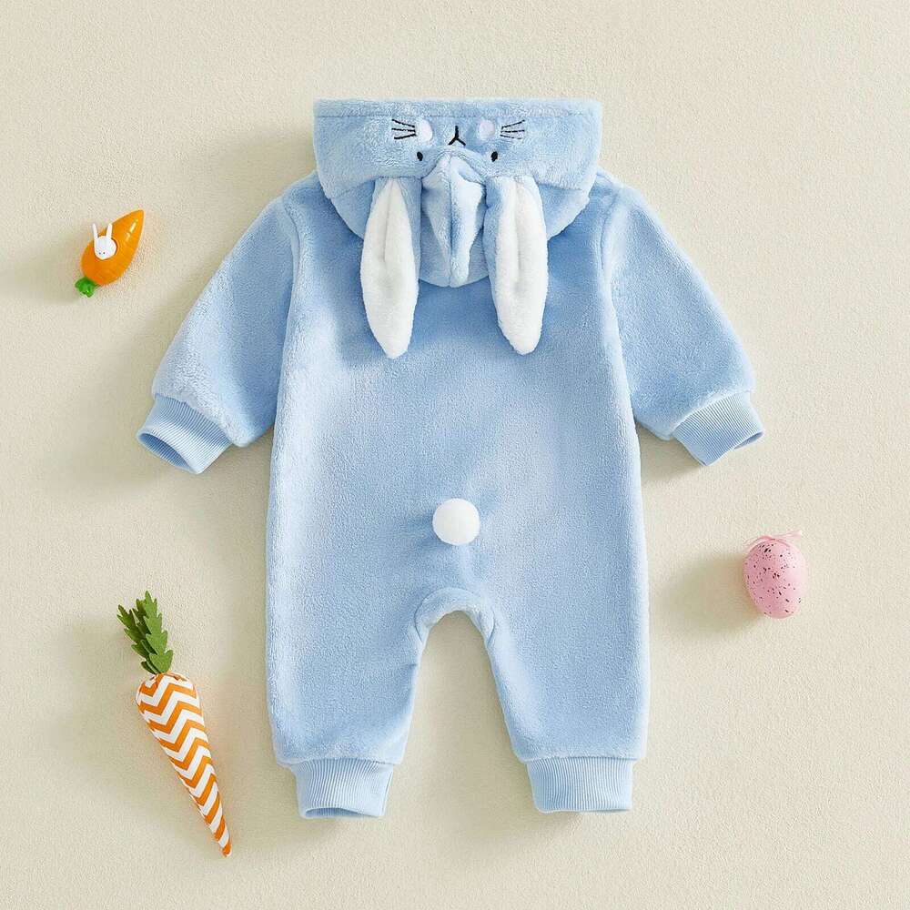 Infant Girl Boy Easter Rompers Long Sleeve Hooded Spring Full Zipper Fleece Rabbit Jumpsuit 26H0224