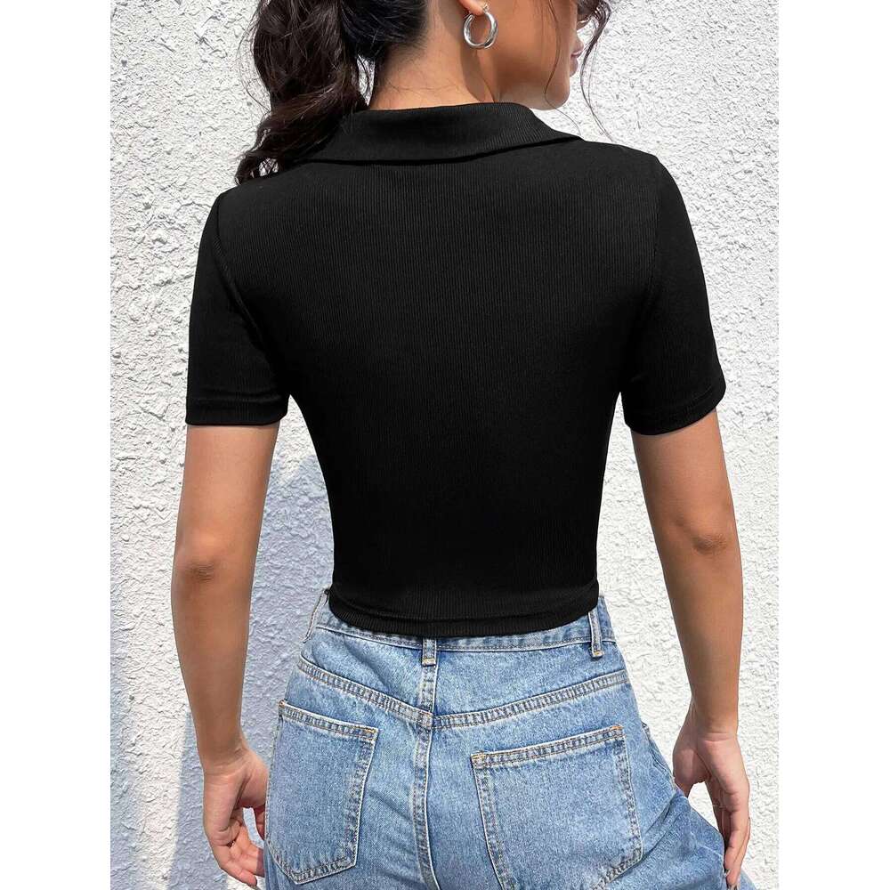 polo neck V sleeve women's summer shoulder high waist Spice Girl T-shirt slimming short crop top 26W0224