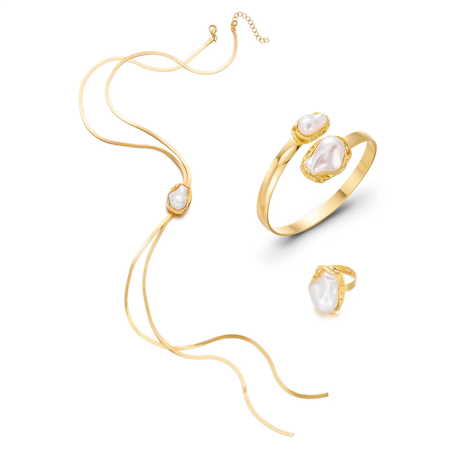 Exggerated Golden Baroque Pearl Jewelry Set for Women Vintage Snake Chain Necklace Open Cuff Bangle and Ring Jewellry 260207