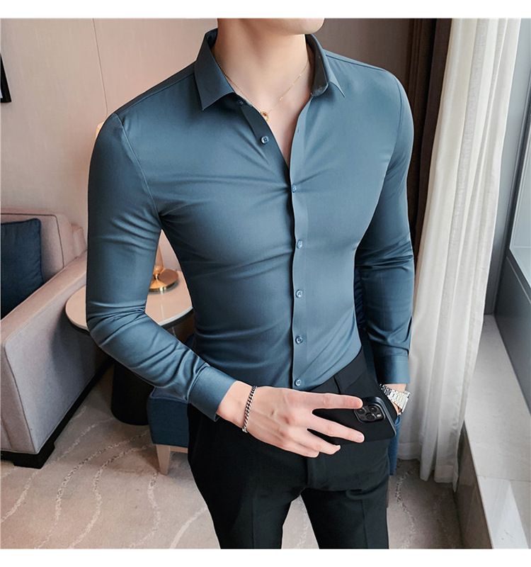 2026 new High-quality Korean-style men's long-sleeve shirts, seamless thickened shirts, slim fit stretch men's warm casual shirts