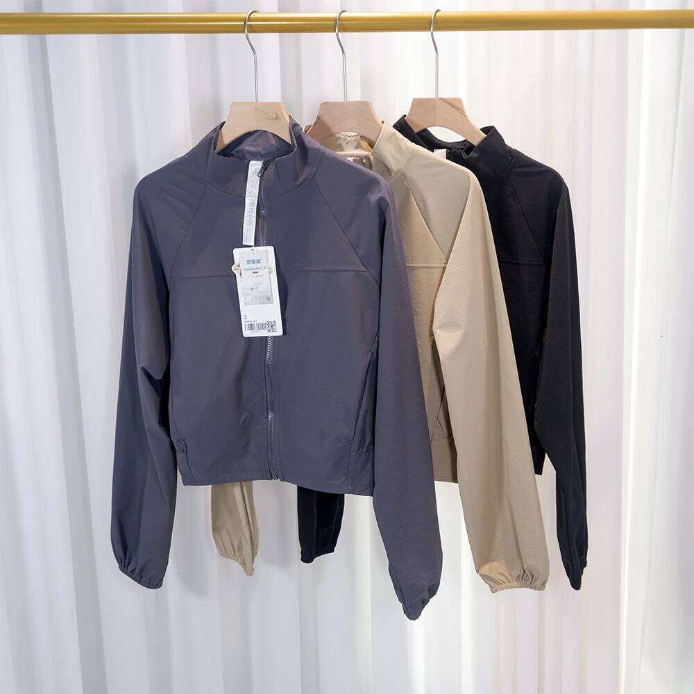 Lightweight Sun Protection Quick-Dry Long Sleeve Short Yoga Fitness , Stand Collar Zipper Loose Fit Outdoor Hiking Coat 26Y0224