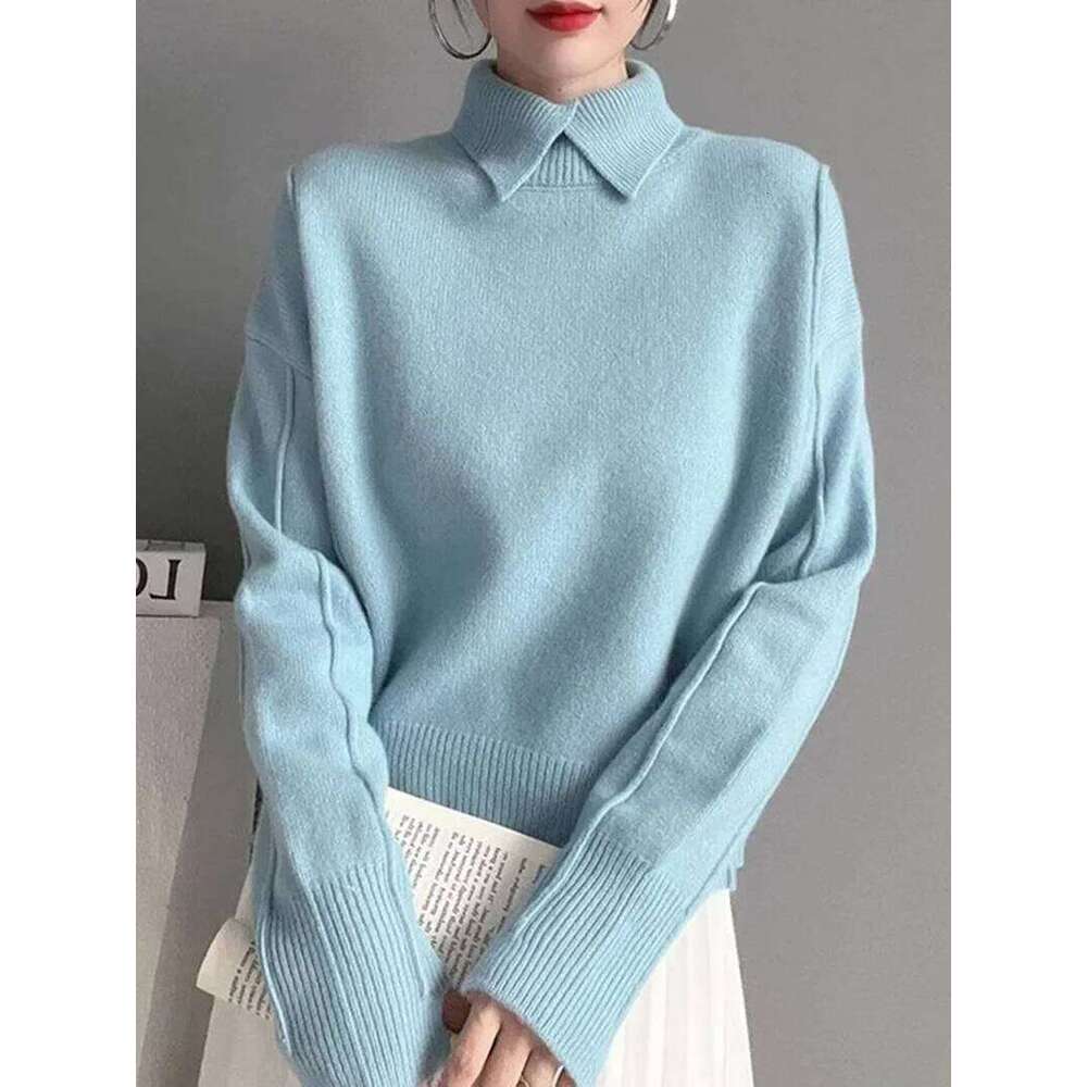 Polo Collar Knitted 2025 New Autumn Winter Women Elegant Solid Color Sweater Female Soft Pullover Casual Bottom Shirt 26W0224