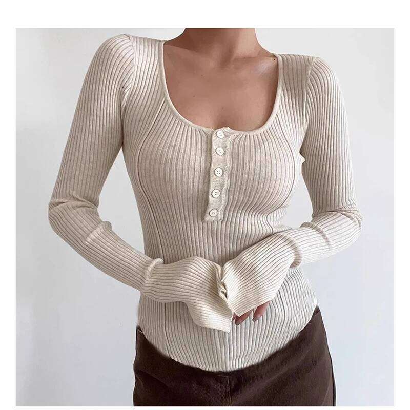 Women's Clothing Fashion All-match Solid Knit Pullovers Spring Summer Elegant Square Collar Chic Button Sweater Lady Vintage Top 26L0224