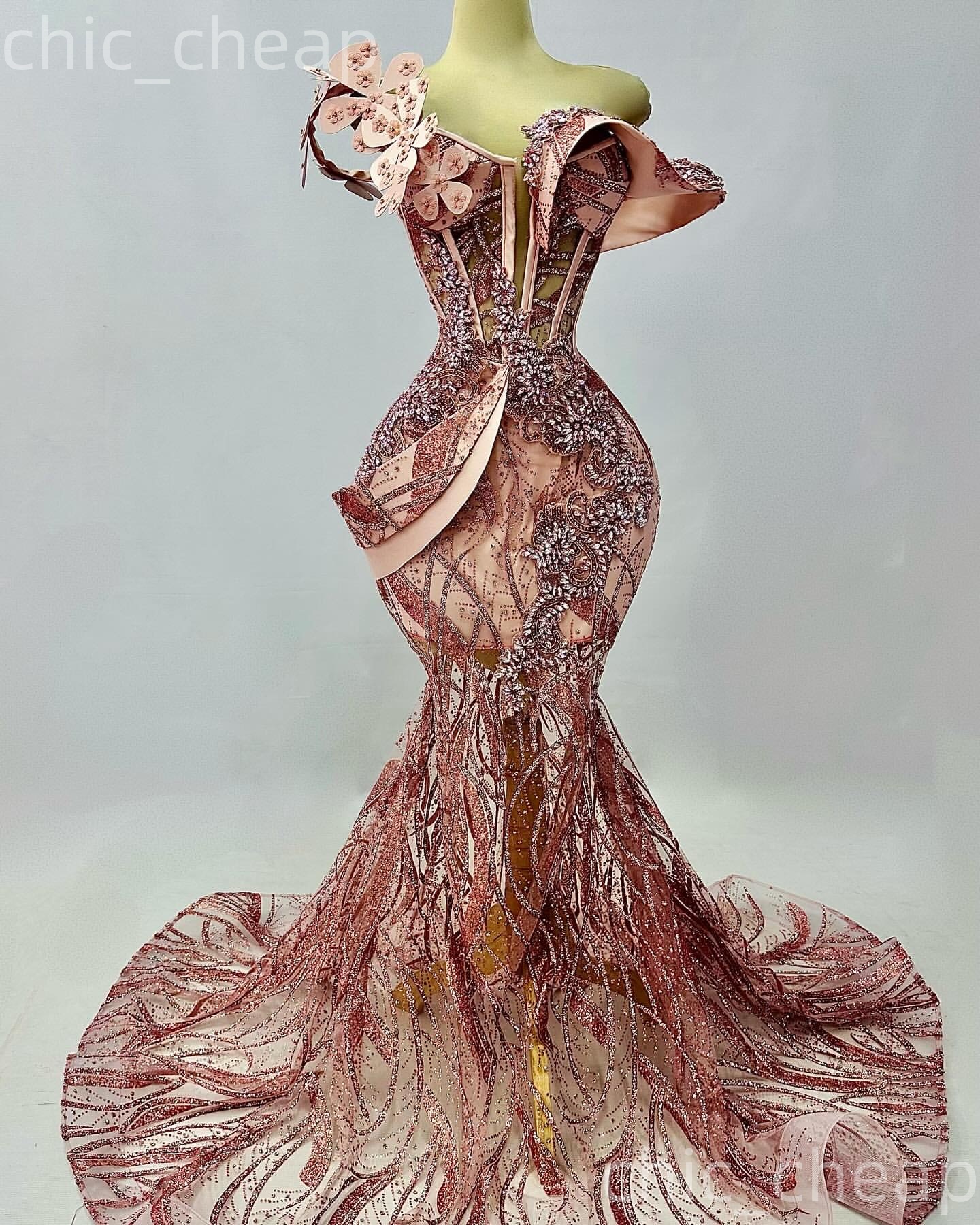 Aso Ebi Blush Pink Mermaid Prom Dresses 2026 Flowers Crystals Sequined Evening Formal Party Second Birthday Engagement Gowns Dress For Special Occasio