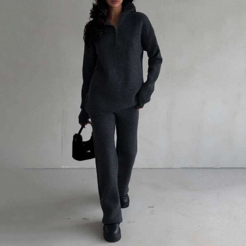 Ladies Sportswear Set Women Sport Leisure Suit Fashion Women s Spring And Autumn Elegant Casual Half Zip Turn Down Collar Knit Set