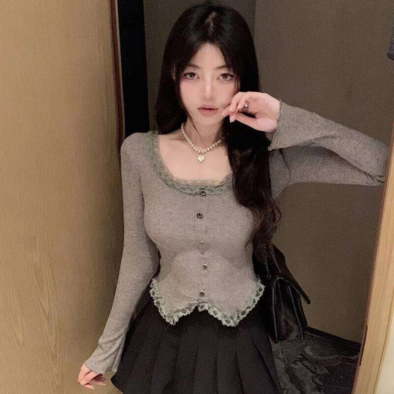 Autumn women's sweet lace square neck long sleeved top with casual button decoration knitted pullover 26L0224