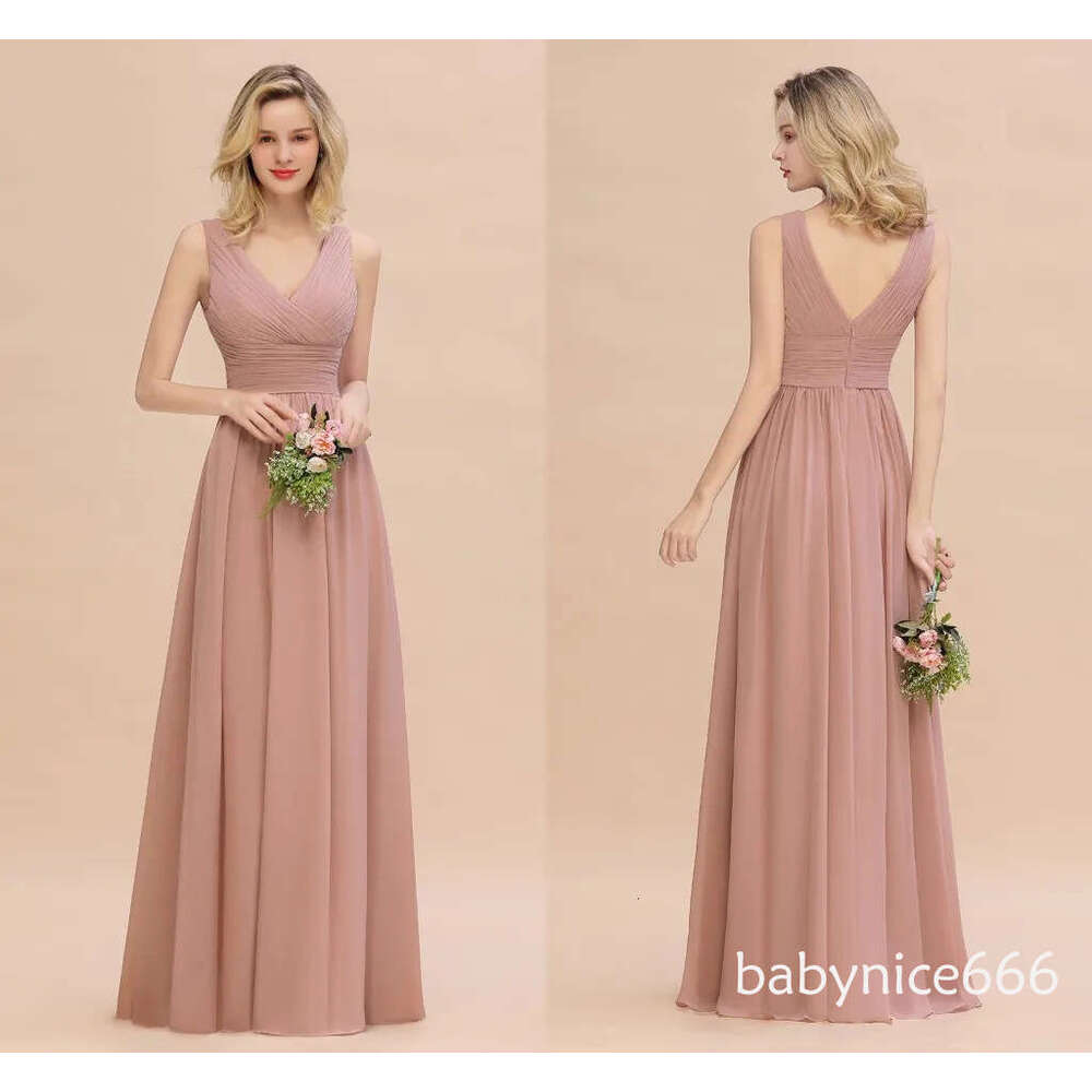 Dusty Pink Chiffon Bridmesaid Dresses Designer A Line V Neck Pleats Long Summer Garden Bohemian Wedding Guest Maid of Honor Gowns Custom Made BM0752