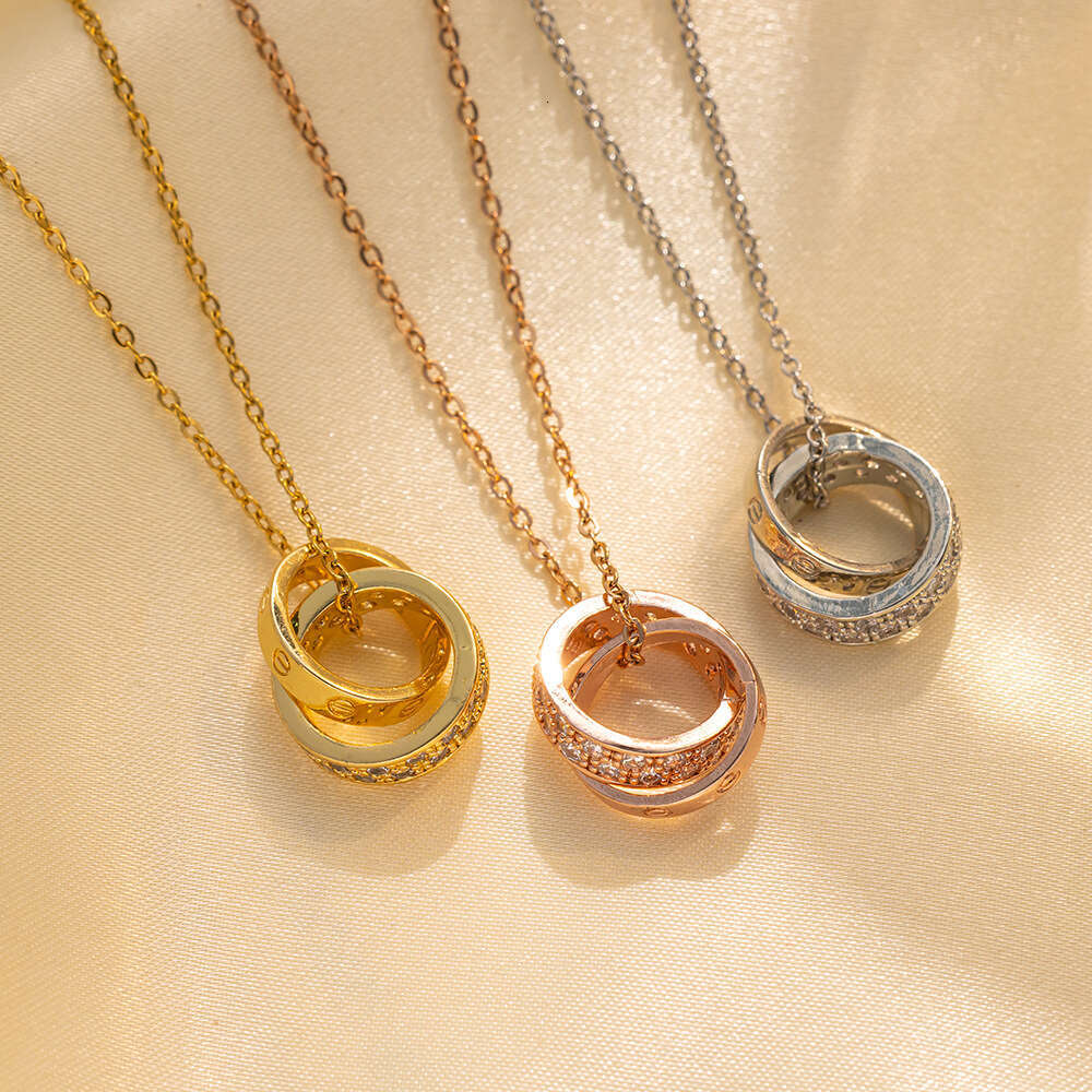 Double Ring Pendant Rose Color Clavicle Chain Women Diamond Necklace