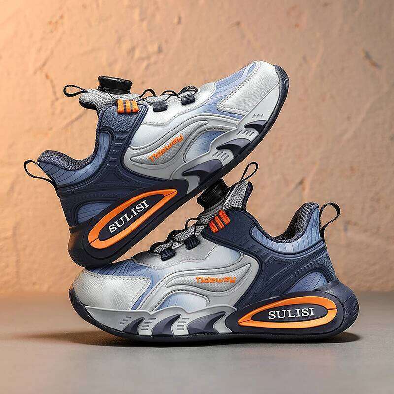 Children Sports Outdoor Breathe Anti Slip Tennis Pu Leather Lightweight Rotating Button Autumn Comfort Running Shoes 26W0224