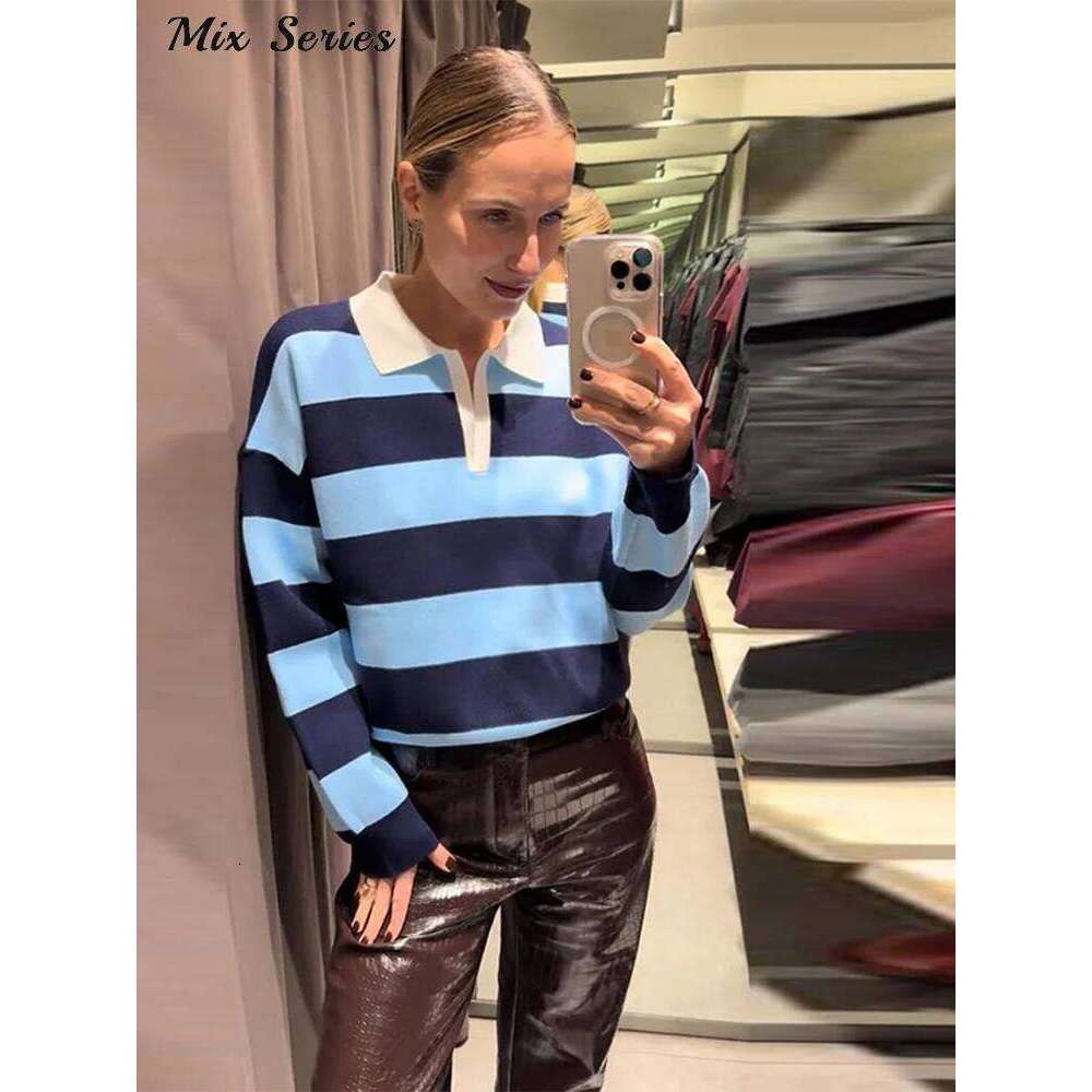 Fashion Polo Collar Striped Knit Sweater Women's Long Sleeve Loose Pullover Top 2026 Spring New Lady All-match Casual Wear 26W0224