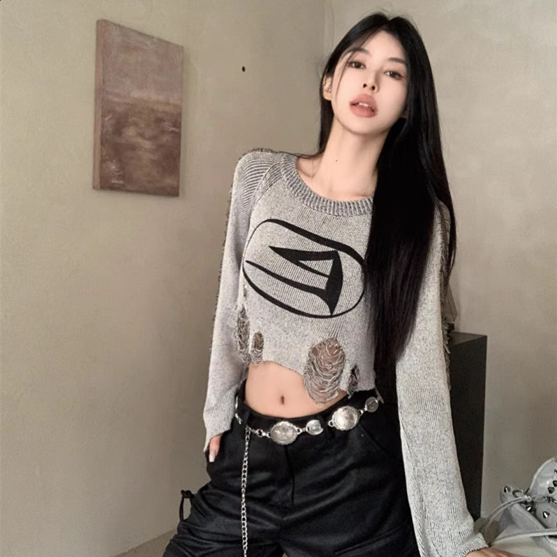 2024 Womens Sweet and Cool American Style Ripped Knit Sweater Early Autumn Short Cropped Pullover Top230729