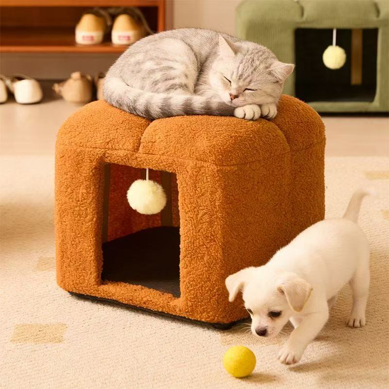 Solid wood pedal stool household door shoe changing stool warm cat nest low stool creative pet cat nest can sit on the stool