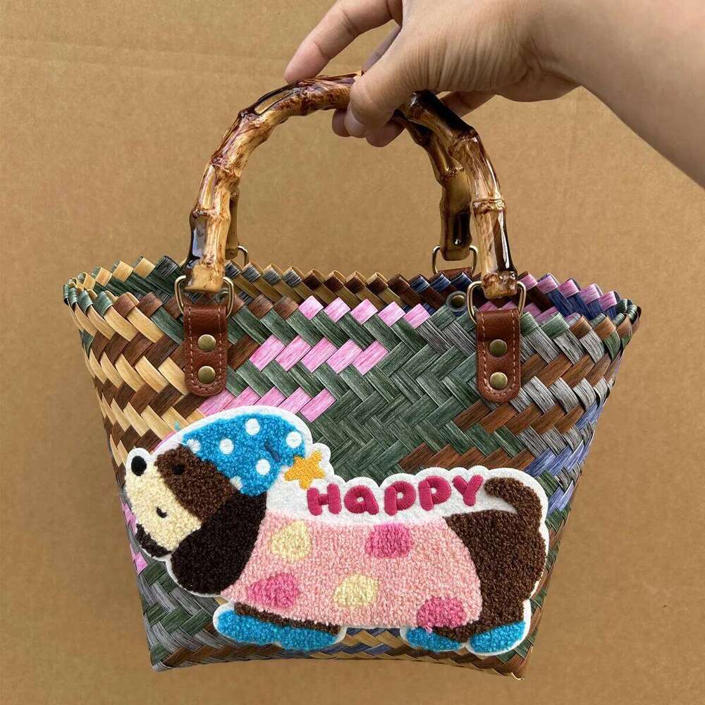 Retro Striped Dachshund Dog Woven Handbag Nylon Rope Pendant Tote Hand Women's Beach Bag Z260224