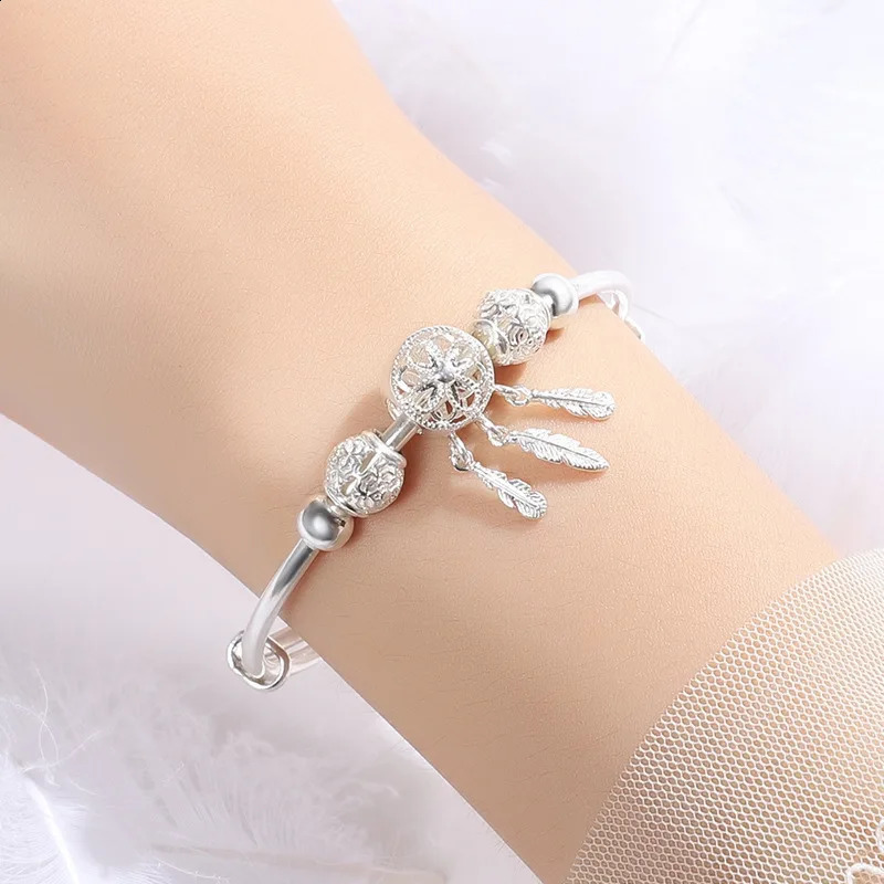 Adjustable 999 Sterling Silver Dreamcatcher Tassel Feather Round Bead Charm Bracelet Women Bangle Boutique Jewelry Accessorie 260208
