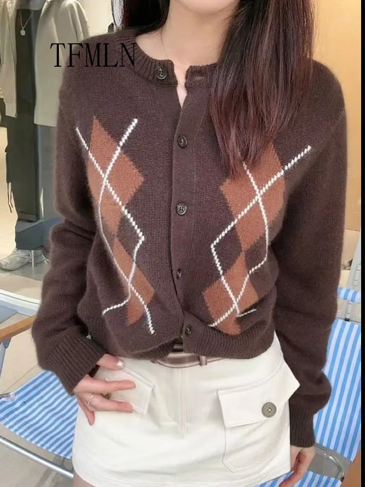 TFMLN Retro Women Knitted Cardigan Sweater Fashion Autumn Diamond Pattern Long Sleeved Coats Single Breasted Chic Knit Coat 260126