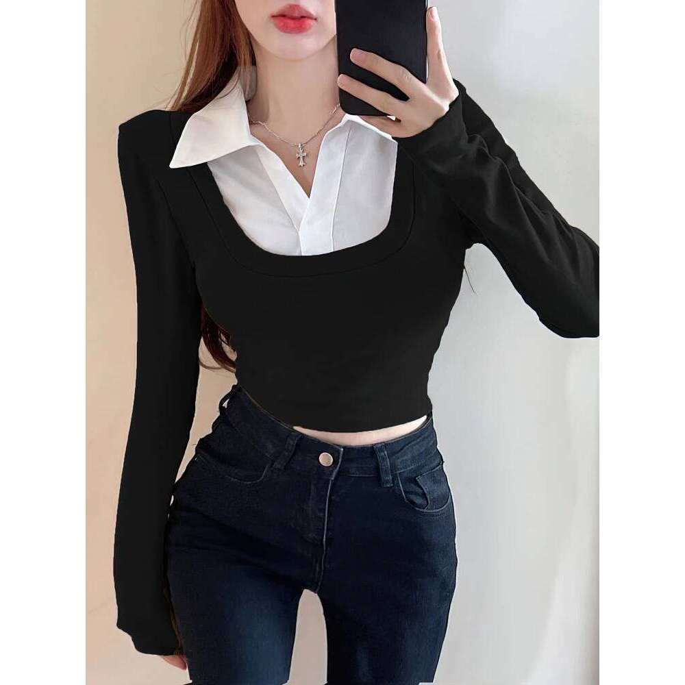False Two piece Long sleeve Cropped T-Shirt With Collar Women Sexy Body Polo Neck Crop Top Spring Fall Basic Tee Lady Korean New 26W0224