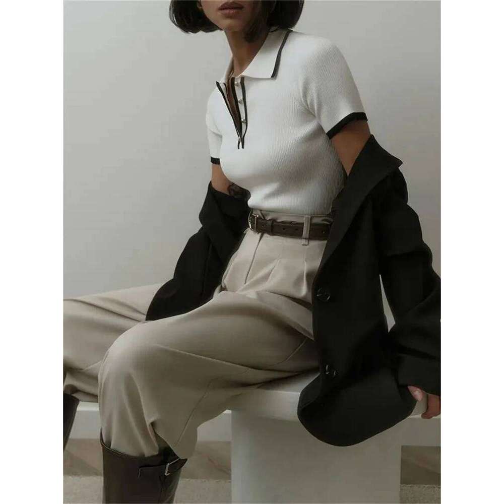 Summer Fashion Polo Neck Knitted Shirt Slim Short Sleeve Women Sexy Button T-shirt Office Lady Knitwear Y2k Tops 26L0224