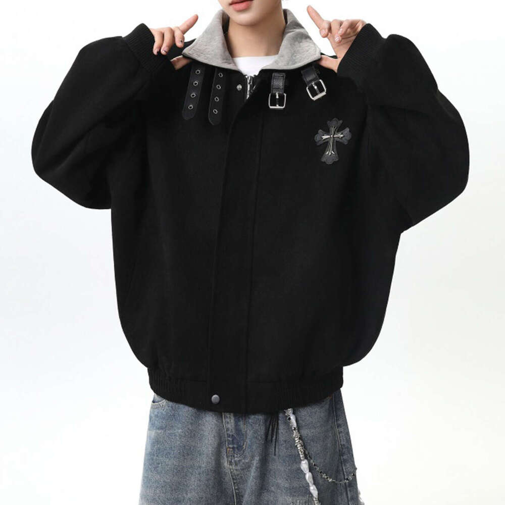 American-Style Cross-Stitch Embroidered Lapel Jacket For Men, Spring High-Street Loose-Fit Design Coat, Trendy Brand, Stylish Short Top