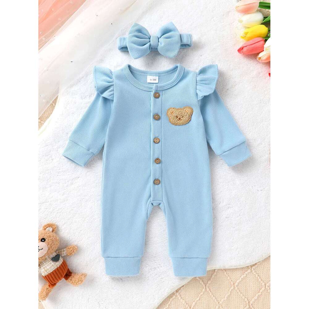 Infant Boy Autumn Ruffle Long Sleeve Cute Bear Applique Ribbed Bodysuit And Headband Two Piece Set 26H0224