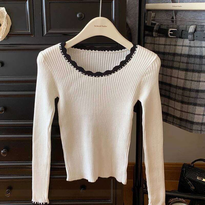 Women Rib Knit Pullover Sweater with Overlocked Trim Long Sleeve Slim-Fit Tops Jumper Spring Autumn Teen-girl Casual Knitwear 26L0224