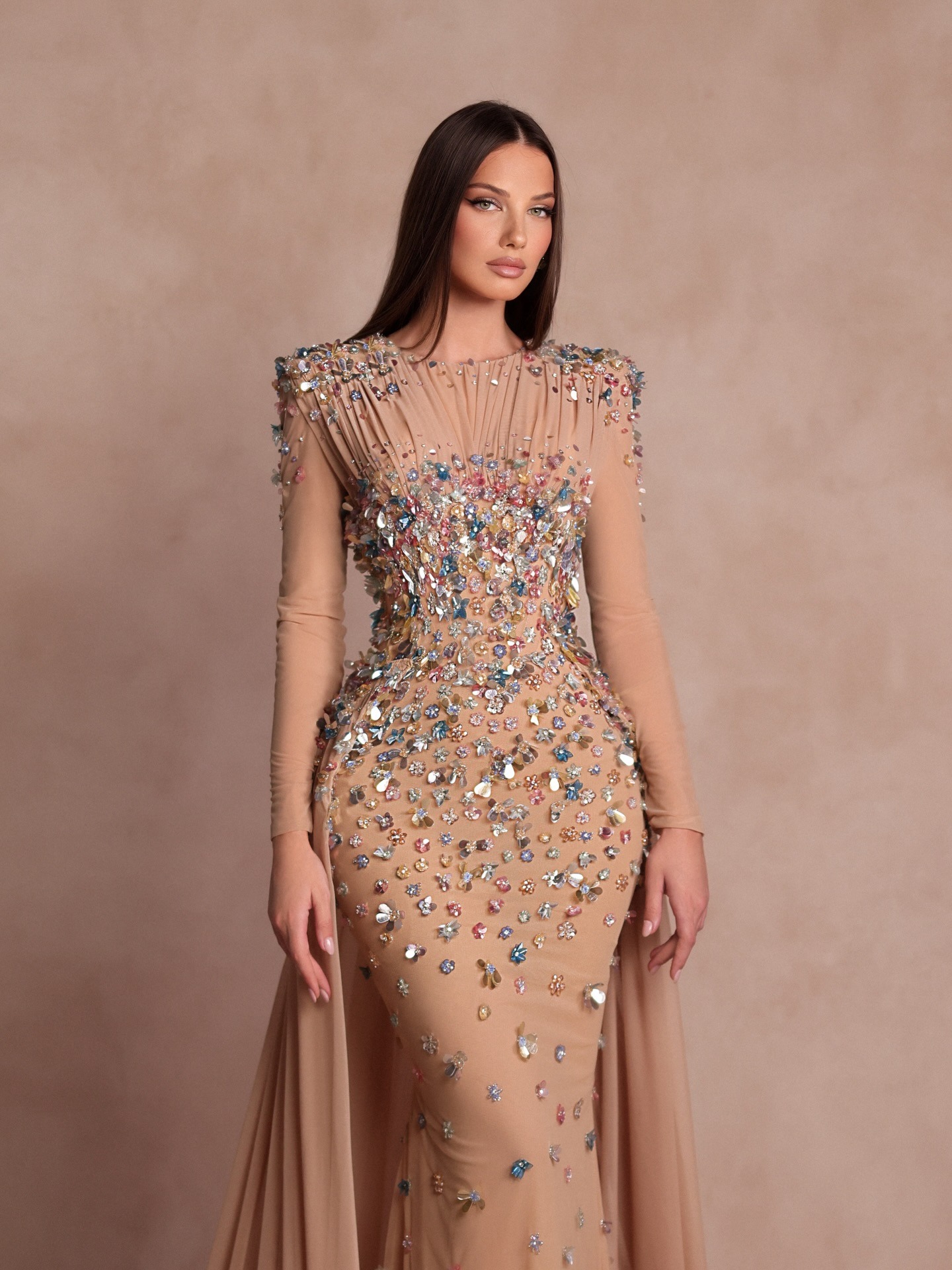 Elegant Evening Dresses Mermaid O-Neck Long Sleeve Crystals Prom Dresses Celebrity Party Gown Customized Vestido De Novia