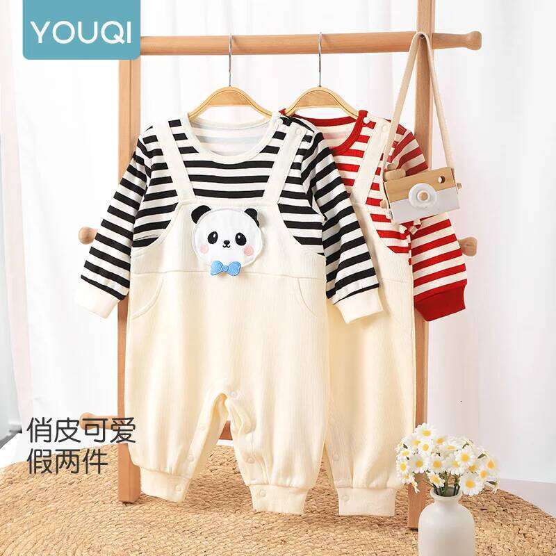 YouqiChinese Baby Clothes Autumn Style Long-Sleeve Romper Fake Two-Piece Suspender Jumpsuit Outdoor Wear Crawling Suit 26Y0224