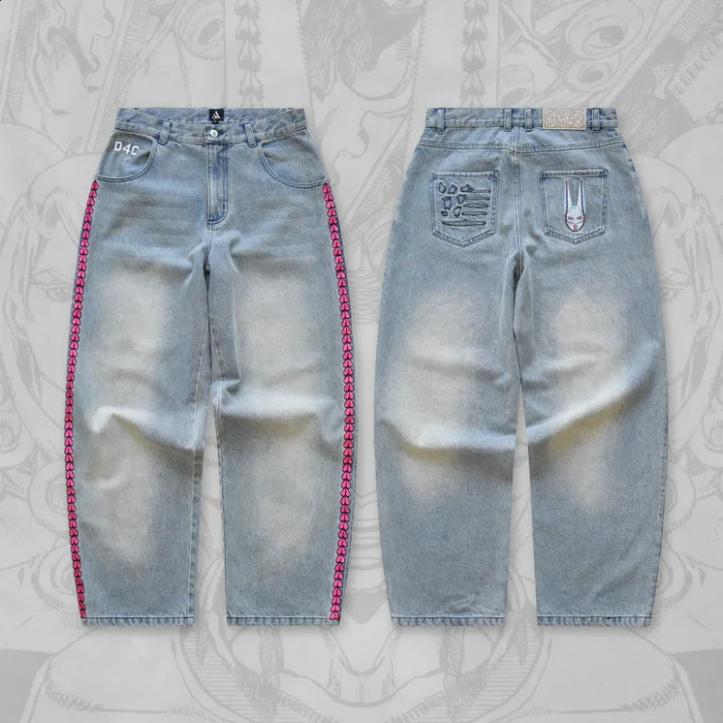 Light Blue Distressed Oversized Jeans Pink Heart Embroidery Anime Style D4C Pocket Streetwear Trendy Harajuku Casual Denim Pants 260205