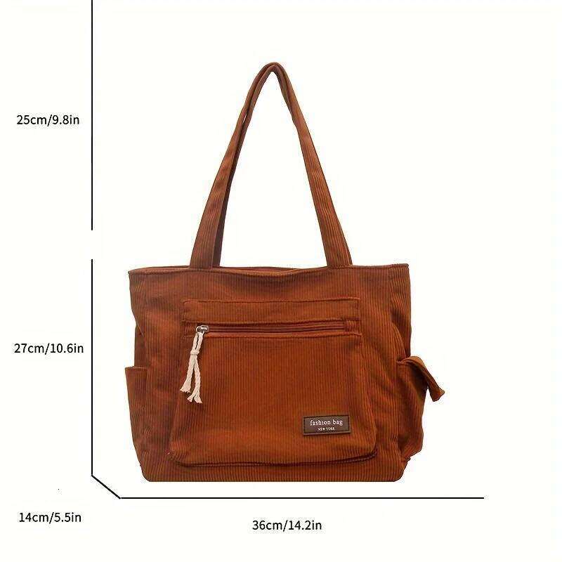 Simple Corduroy Tote Solid Color Shoulder Bag, Retro Multi Pockets Handbag For School Work Shopping Z260224