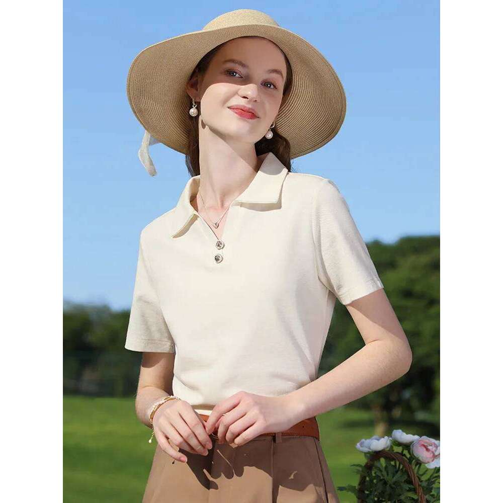 I BELIEVE YOU Women T-Shirt Summer New Slimming Apricot French Polo V-Neck Pique Breathable Commuting Short Sleeve 2252015950 26W0224