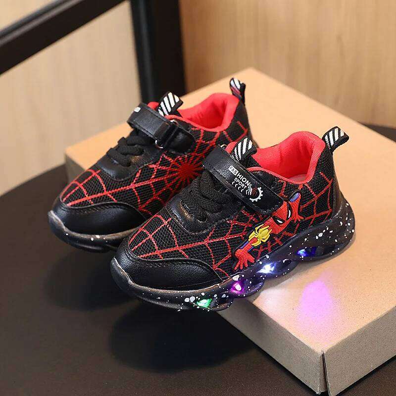 LED Casual Sneakers Red Black For Spring Boys Spiderman Mesh Outdoor Children Lighted Non-slip Shoes Size 21-30 26W0224