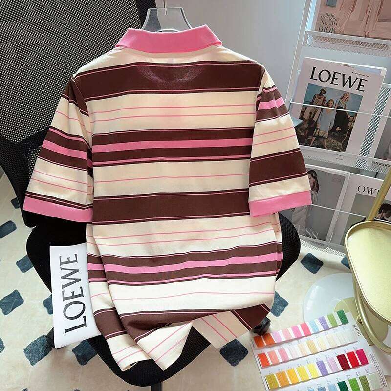 Short Sleeved T-shirt Summer 2023 Trendy Stripe Polo Top Large Women's Shirts 26W0224