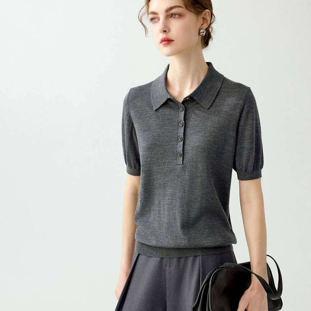 Ladies' 100% fine spun wool sweater short sleeved casual Tees solid color knitted T-shirt POLO collar Tops loose Pull Jumper 26W0224