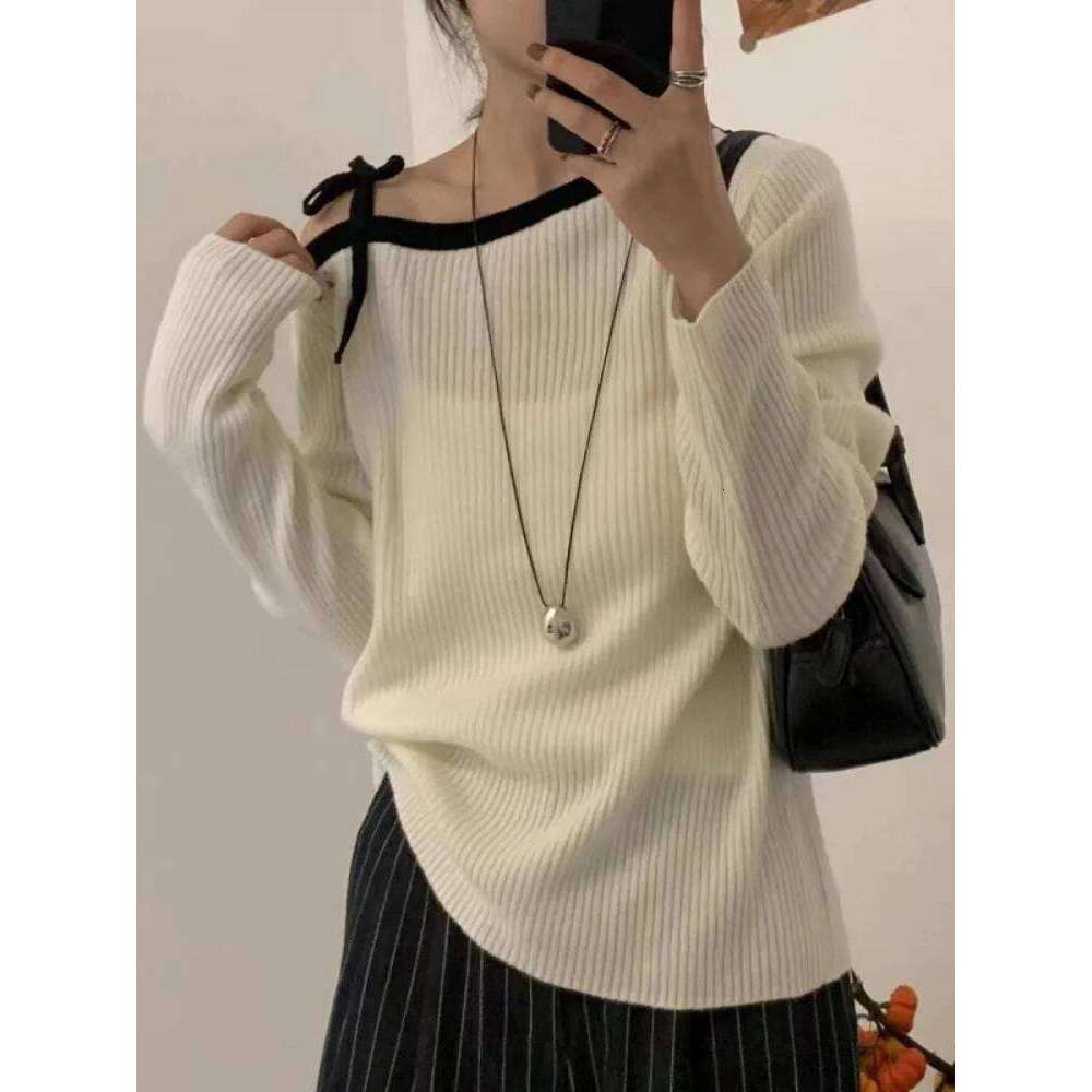FalFashion Autumn Women Knitted Top Fall Pullover Off-shoulder Sweater Elegant Korean Style Knitwear Long Sleeve Casual Clothing 26L0224