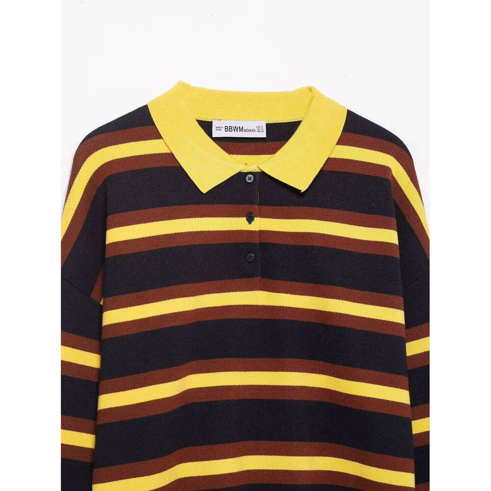 New women's clothing European and American style fashion casual striped polo shirt collar knitted sweater 26W0224