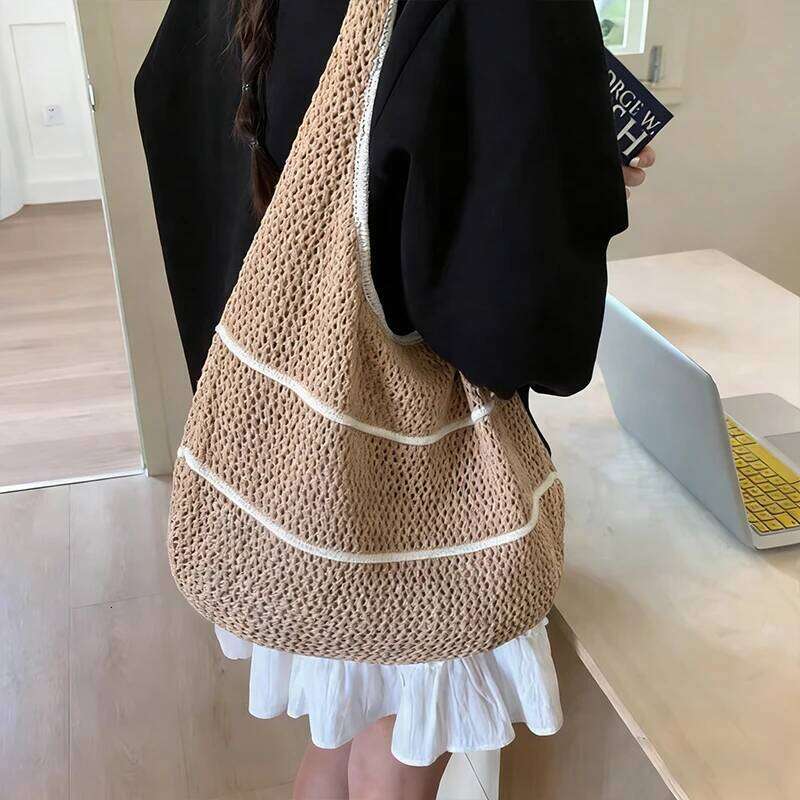 Spring Summer Woven Tote Dopamine Color Shoulder & Underarm Bag Trendy Casual Beach Hollow Out Handbags Z260224