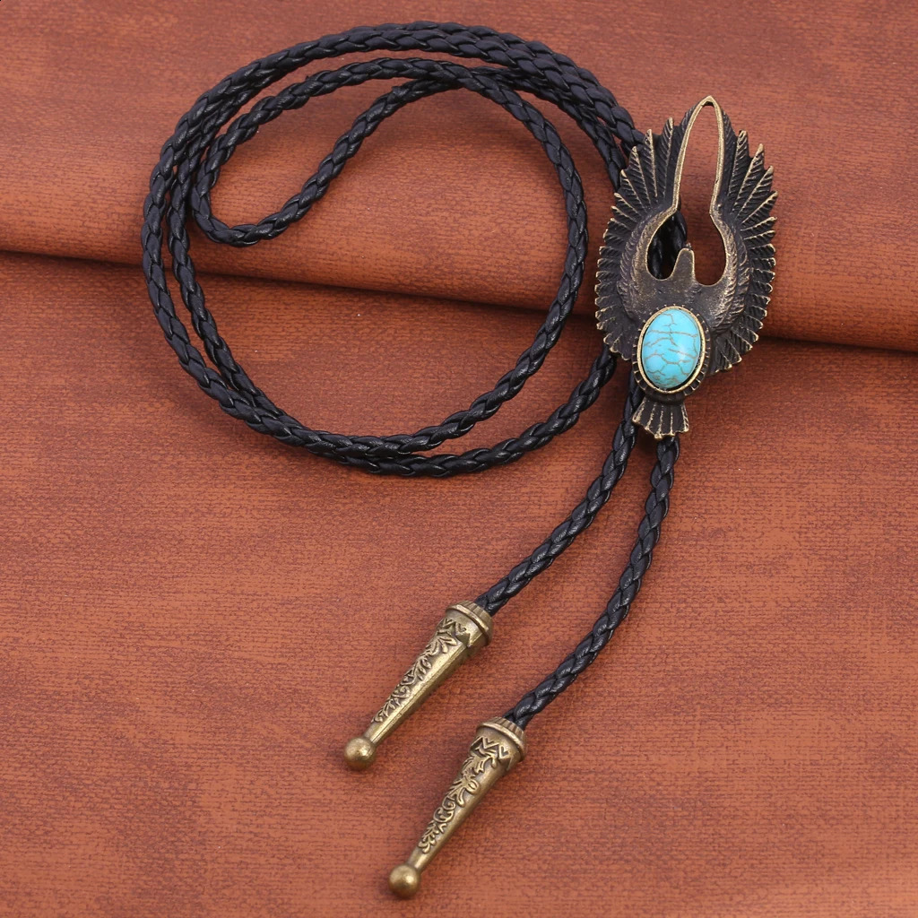 Bolo tie Retro Shirt Chain Blue stone Flying Wings Bollow Collar Leather Necklace Long tie Pendant 260120