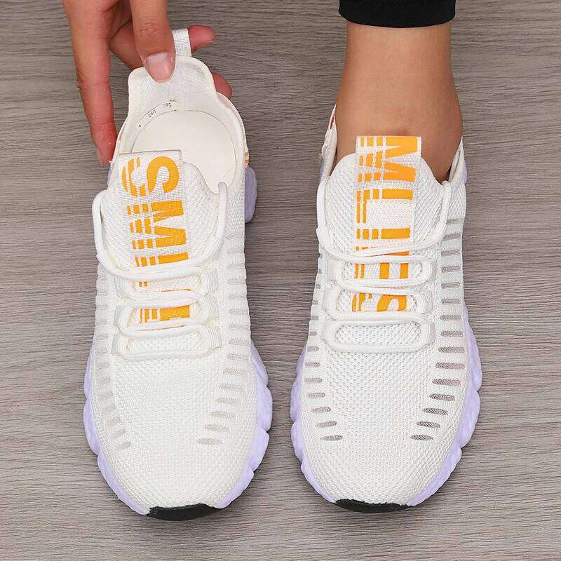 Women's Sneakers Knitted Mesh Breathable Fashionable Lightweight Soft Lace Up Flexible Trendy Exercise Walking Flat Shoes